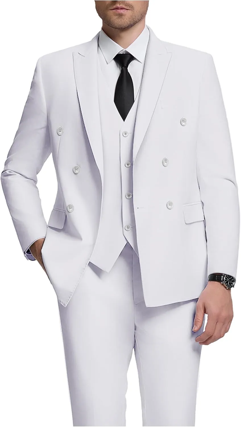 Mens Double Breasted Suit Slim Fit 3 Piece Suit Peak Lapel Solid Blazer Jacket Vest Pant Tuxedo Set for Wedding Business