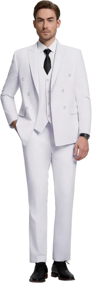 Mens Double Breasted Suit Slim Fit 3 Piece Suit Peak Lapel Solid Blazer Jacket Vest Pant Tuxedo Set for Wedding Business