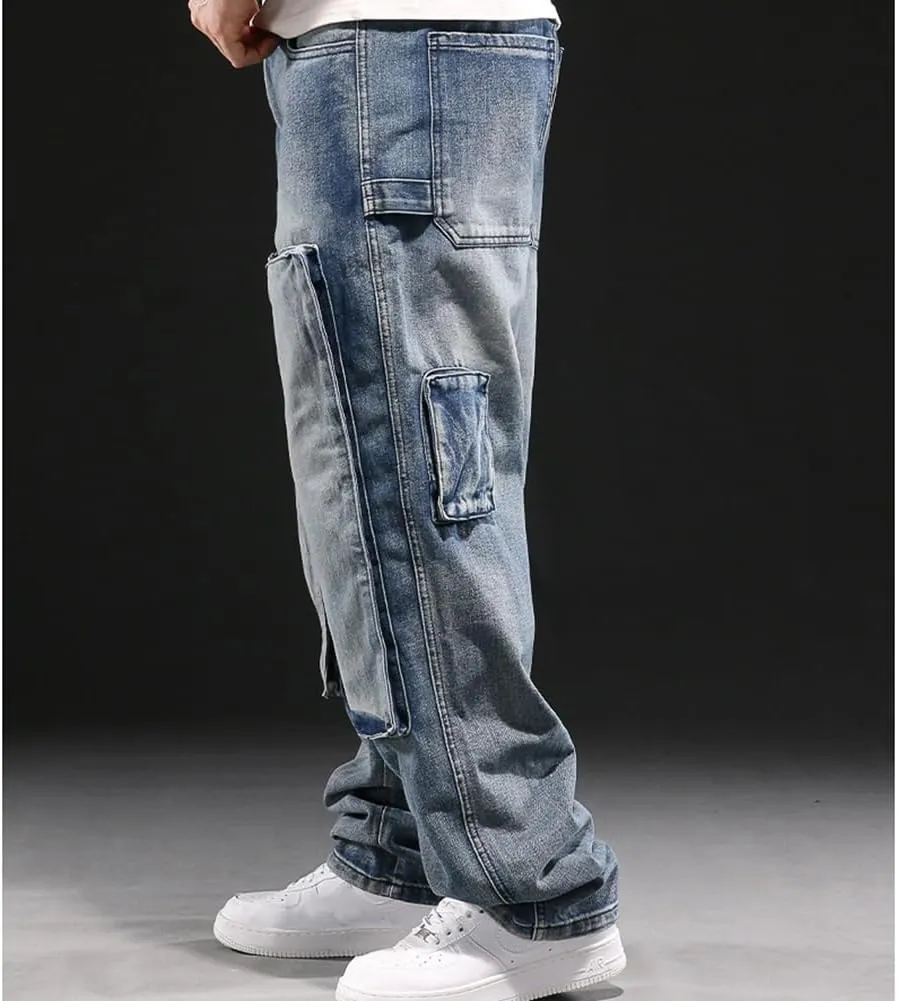 Mens Loose Fit Hip Hop Jeans Casual Cargo Denim Pants with Multi Pockets