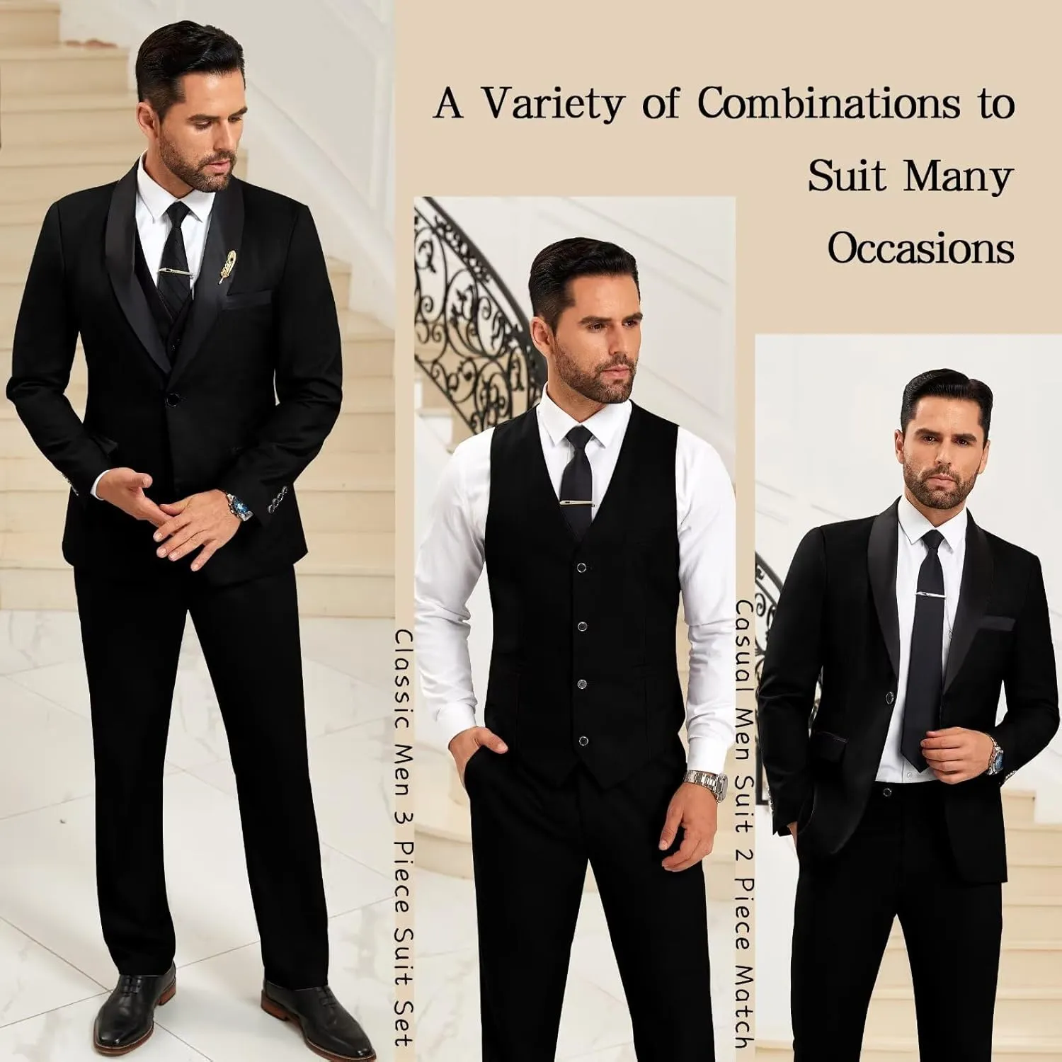 Mens Suit Slim Fit 3 Pieces Suit 1 Button Shawl Lapel Men Suit Blazer Jacket Vest Pants Bow Tie Pocket Square Brooch