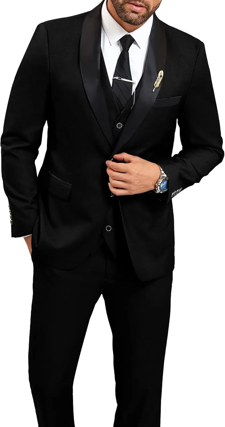 Mens Suit Slim Fit 3 Pieces Suit 1 Button Shawl Lapel Men Suit Blazer Jacket Vest Pants Bow Tie Pocket Square Brooch