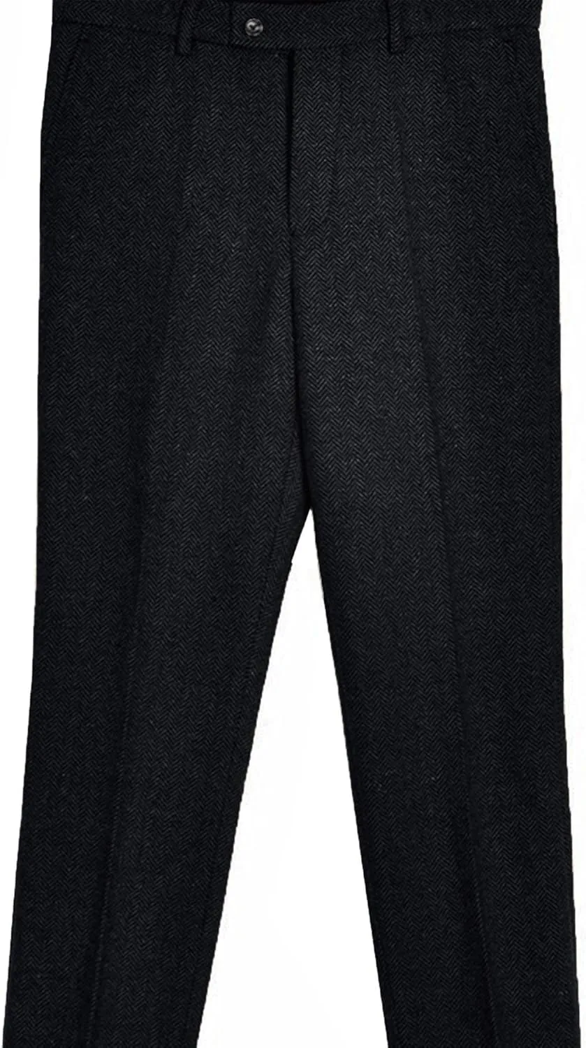 Men's Vintage Herringbone Tweed Suit Pants Slim Fit Thick Wool Flat Front Dress Trousers