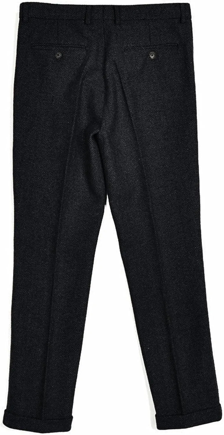 Men's Vintage Herringbone Tweed Suit Pants Slim Fit Thick Wool Flat Front Dress Trousers
