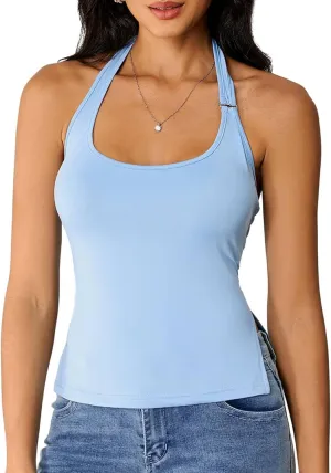 Milumia Women's Scoop Neck Low Cut Ruched Backless Halter Top Y2K Side Slit Fitted Sleeveless Tank Tops