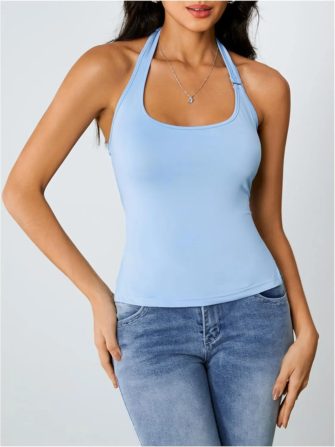 Milumia Women's Scoop Neck Low Cut Ruched Backless Halter Top Y2K Side Slit Fitted Sleeveless Tank Tops