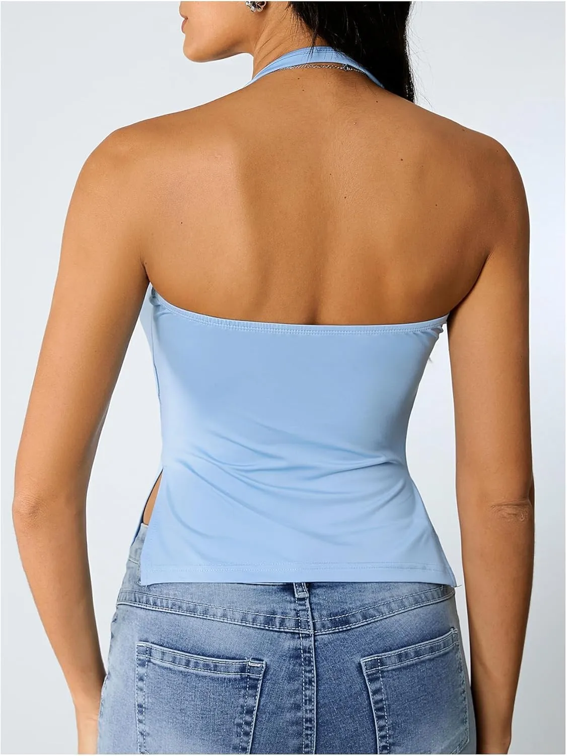 Milumia Women's Scoop Neck Low Cut Ruched Backless Halter Top Y2K Side Slit Fitted Sleeveless Tank Tops
