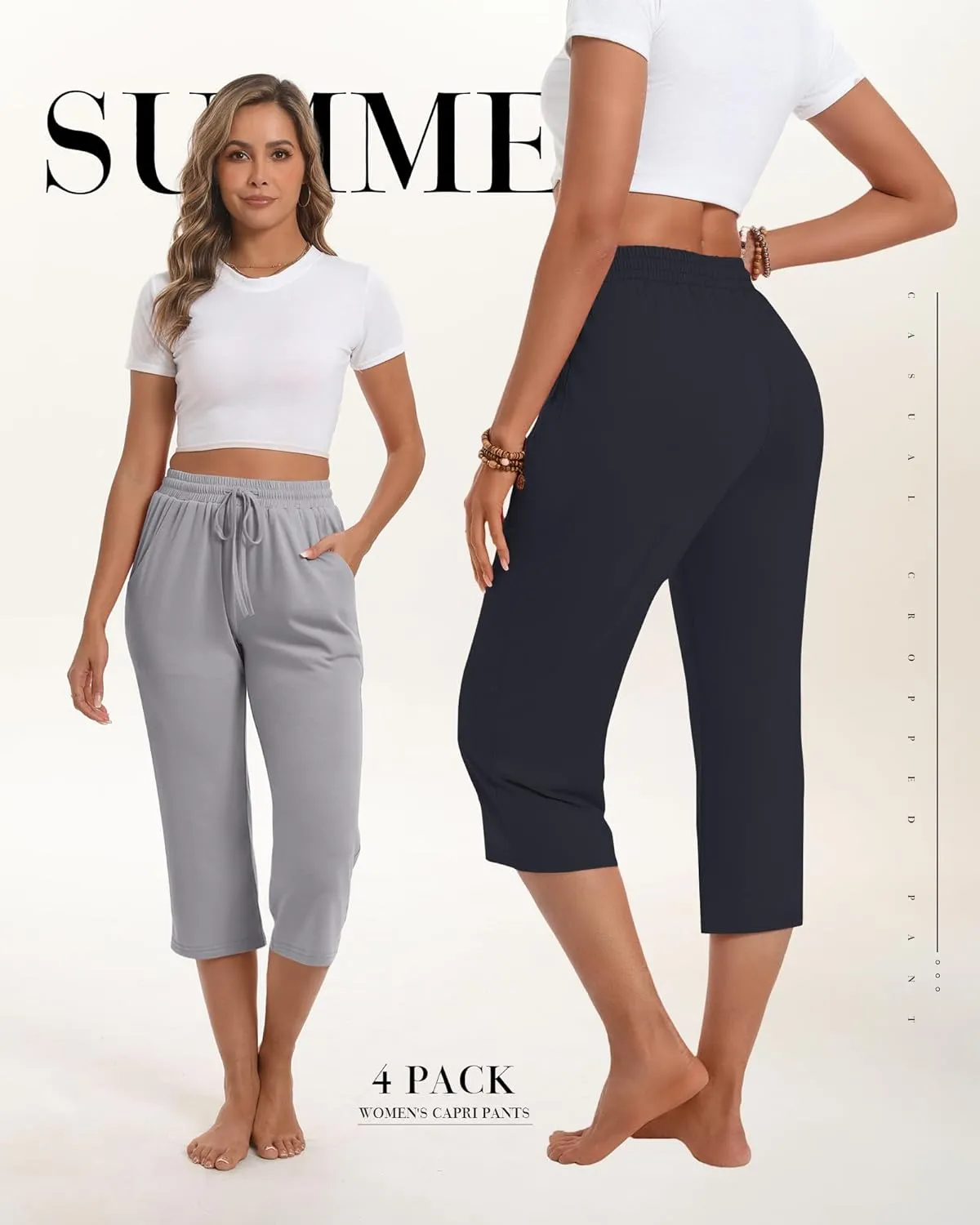 Neer 4 Pack Women's Cotton Capri Pants, Loose Drawstring Workout Capris Sweatpant Summer Casual Yoga Cropped Pant with Pocket