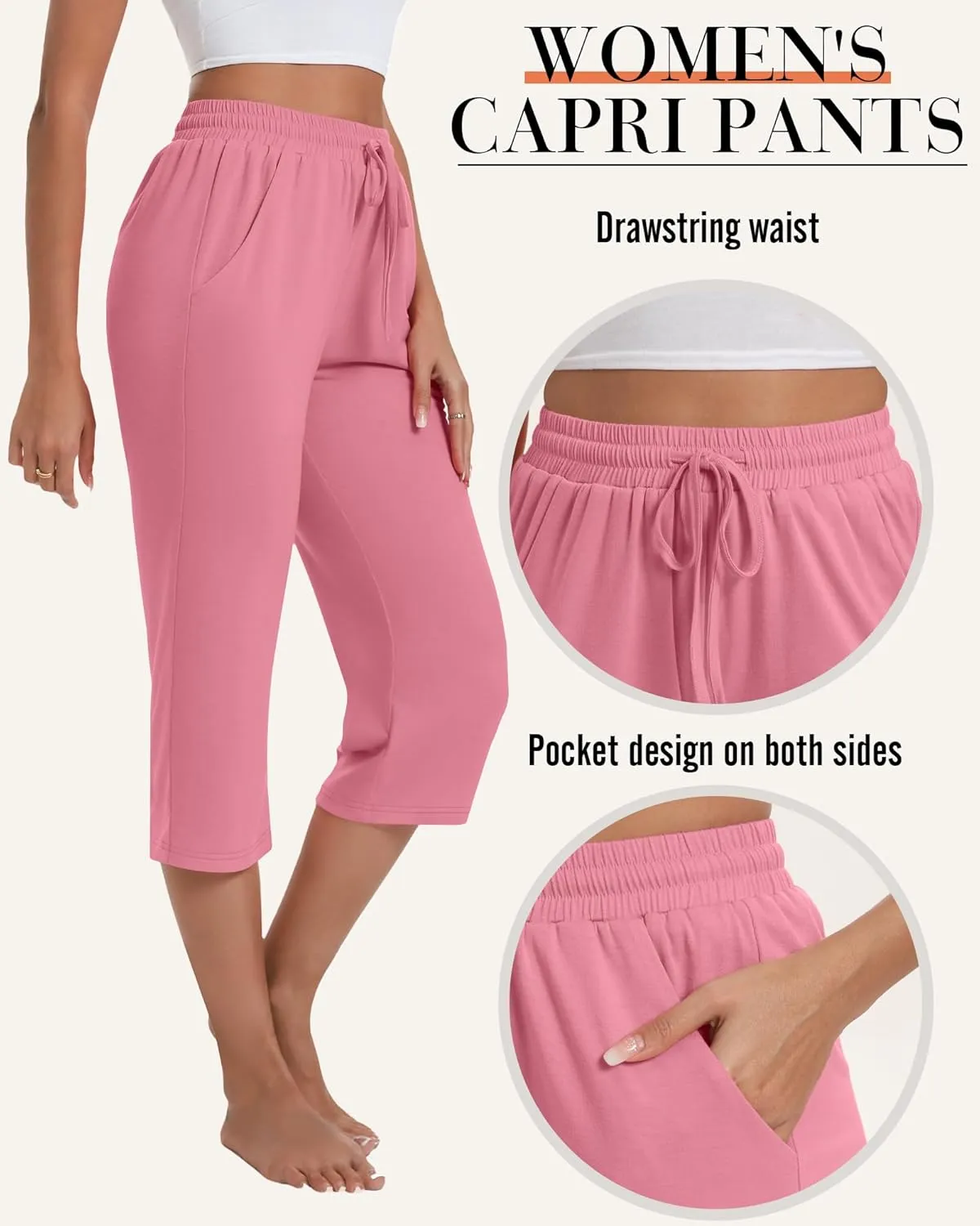 Neer 4 Pack Women's Cotton Capri Pants, Loose Drawstring Workout Capris Sweatpant Summer Casual Yoga Cropped Pant with Pocket