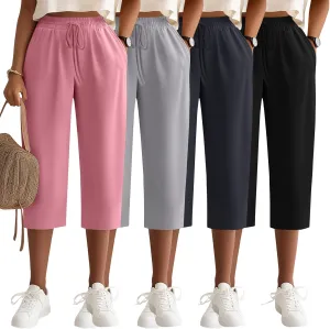 Neer 4 Pack Women's Cotton Capri Pants, Loose Drawstring Workout Capris Sweatpant Summer Casual Yoga Cropped Pant with Pocket