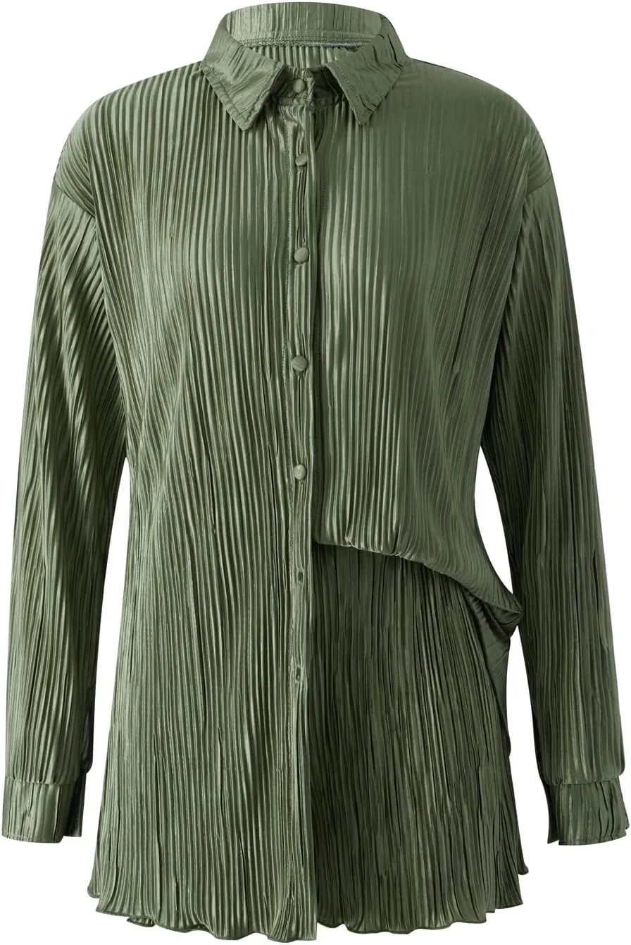 NUFIWI Women Oversized 2 Piece Outfits Pleated Long Sleeve Button Blouse Top Wide Leg Pants Sets Streetwear Loungwear