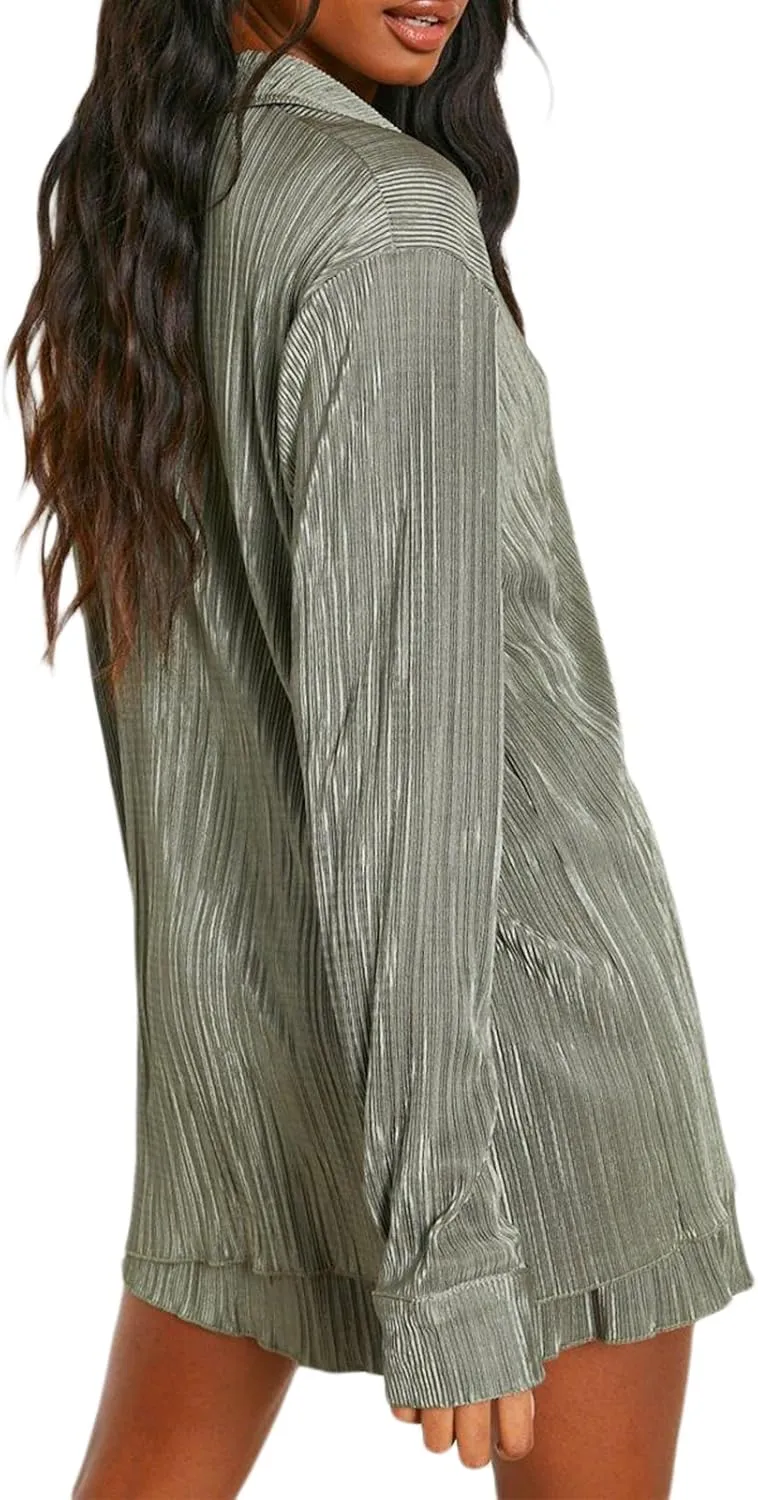NUFIWI Women Oversized 2 Piece Outfits Pleated Long Sleeve Button Blouse Top Wide Leg Pants Sets Streetwear Loungwear