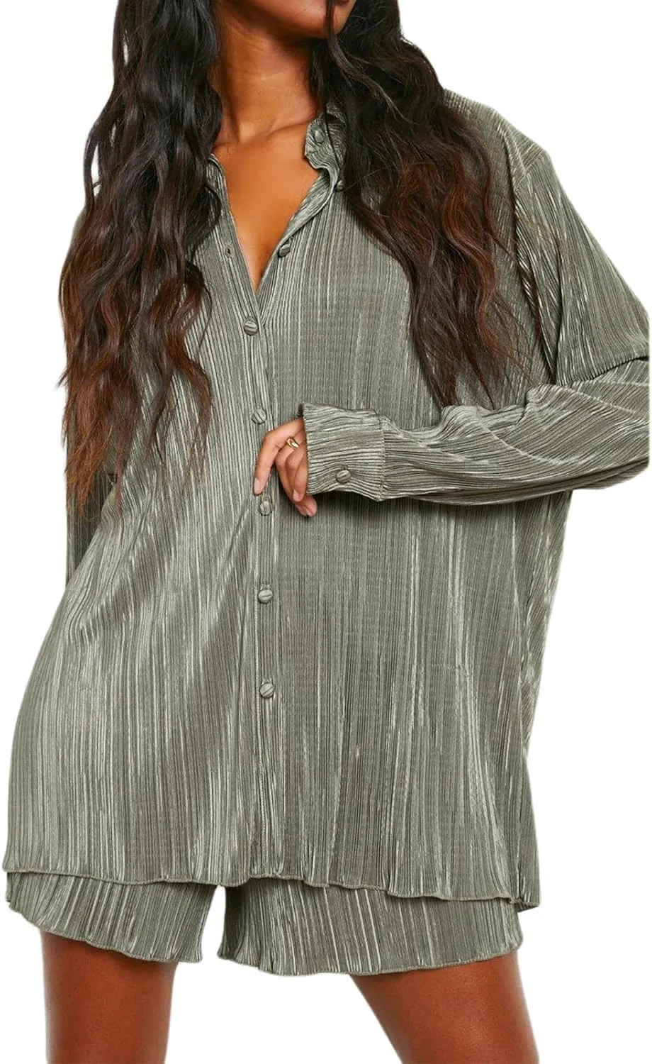 NUFIWI Women Oversized 2 Piece Outfits Pleated Long Sleeve Button Blouse Top Wide Leg Pants Sets Streetwear Loungwear