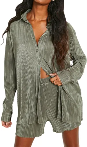 NUFIWI Women Oversized 2 Piece Outfits Pleated Long Sleeve Button Blouse Top Wide Leg Pants Sets Streetwear Loungwear