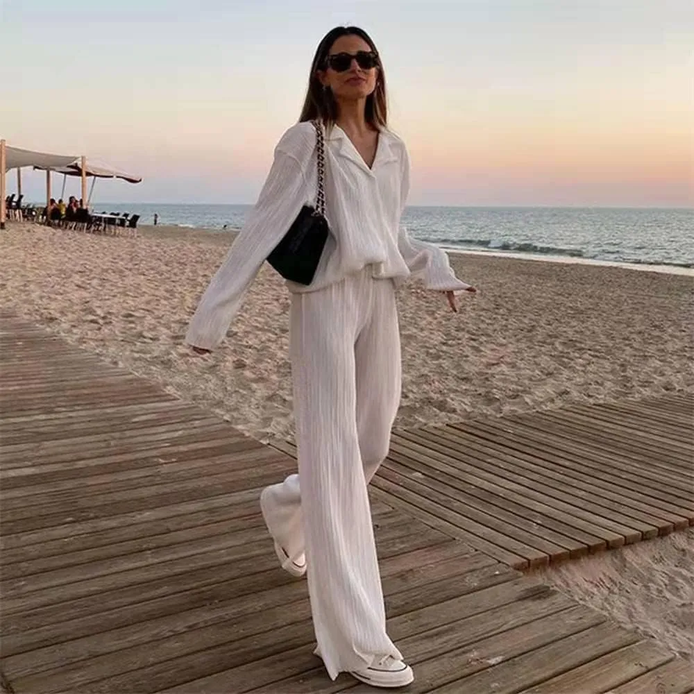 NUFIWI Women Pleated 2 Piece Pants Outfits Casual Loose Button Shirt Blouse Top Long Wide Leg Palazzo Pants Set Jumpsuit