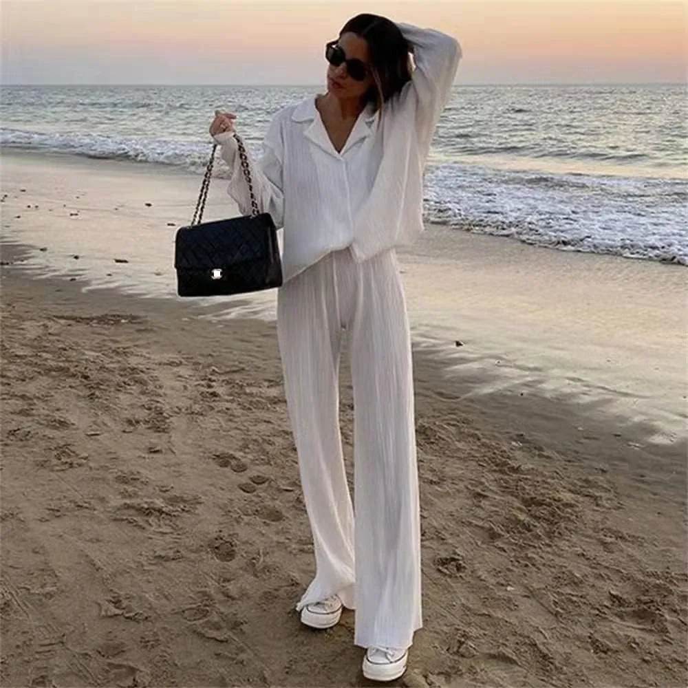 NUFIWI Women Pleated 2 Piece Pants Outfits Casual Loose Button Shirt Blouse Top Long Wide Leg Palazzo Pants Set Jumpsuit