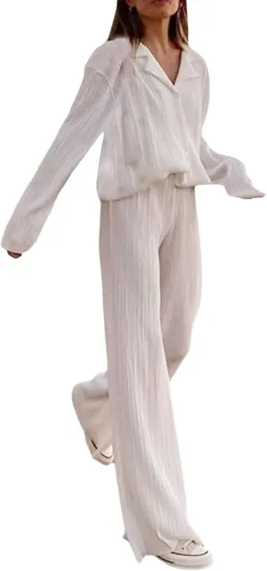 NUFIWI Women Pleated 2 Piece Pants Outfits Casual Loose Button Shirt Blouse Top Long Wide Leg Palazzo Pants Set Jumpsuit