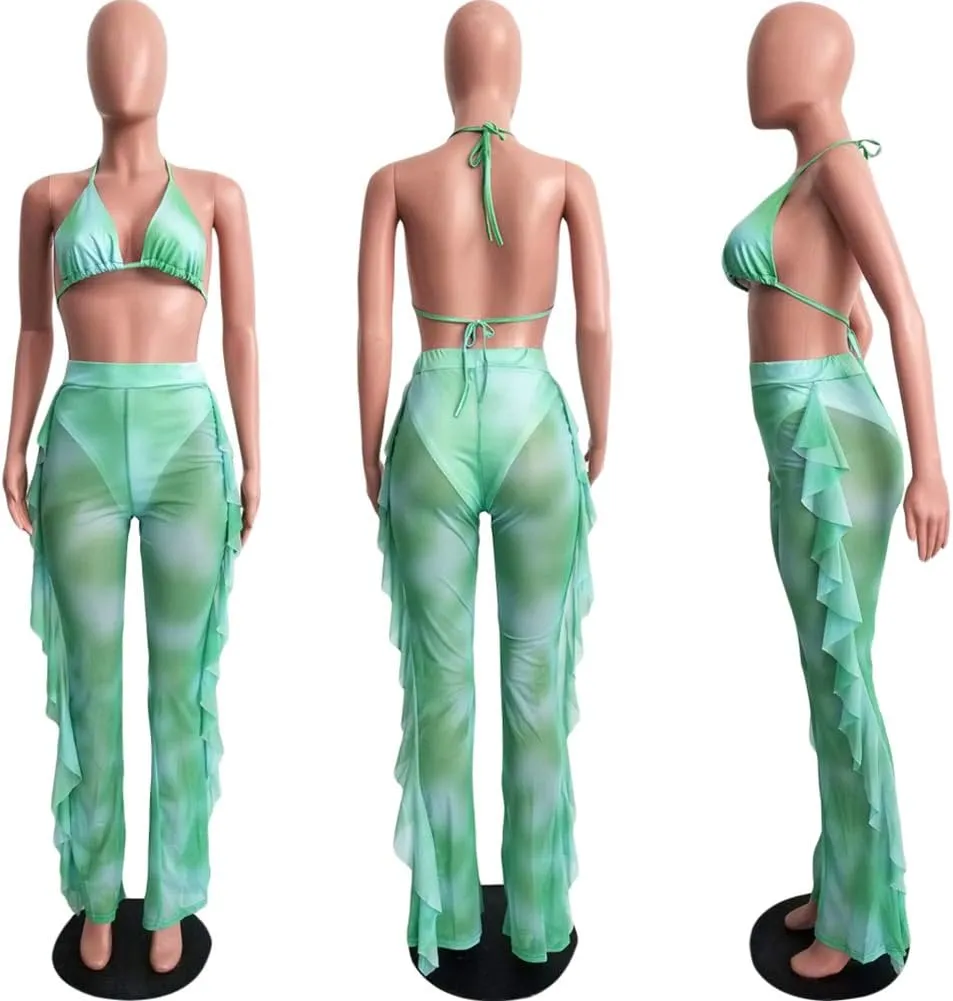 Ophestin Womens Sexy Halter Sheer Bikini Ruffle Long Pants Set 2 Piece Swimsuit