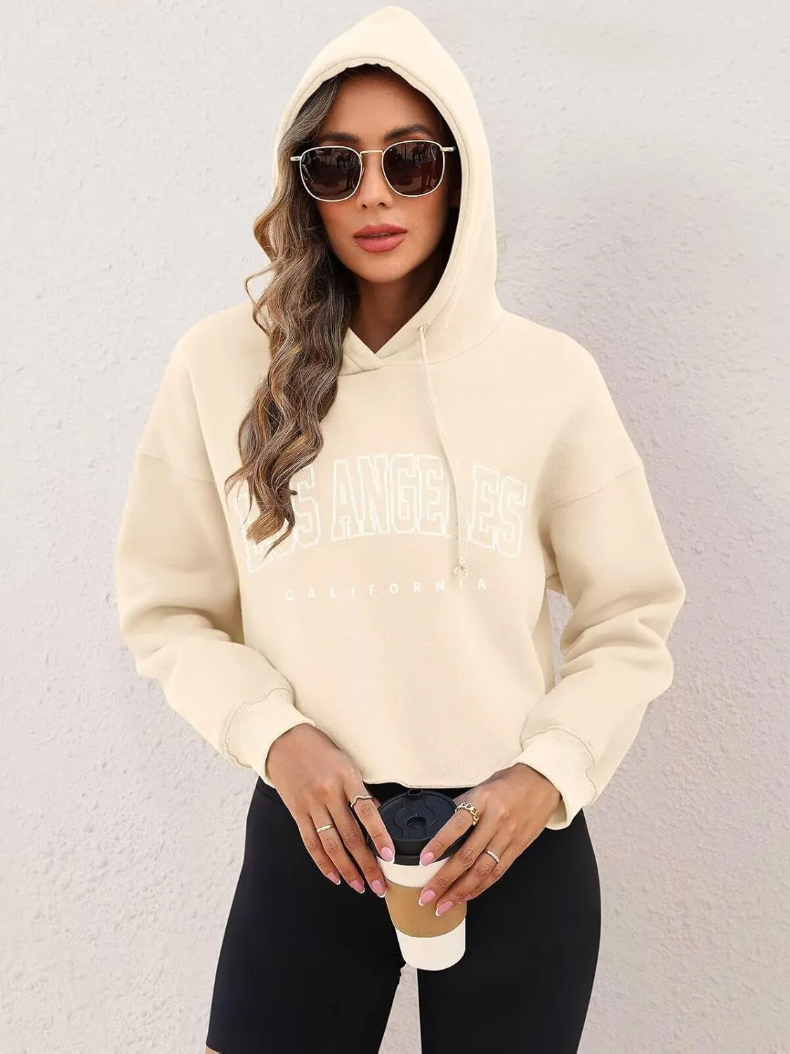 ORANDESIGNE Woman Letter Graphic Print Cropped Hoodie Long Sleeve Crop Fleece Casual Workout Loose Pullover Sweatshirt Tops
