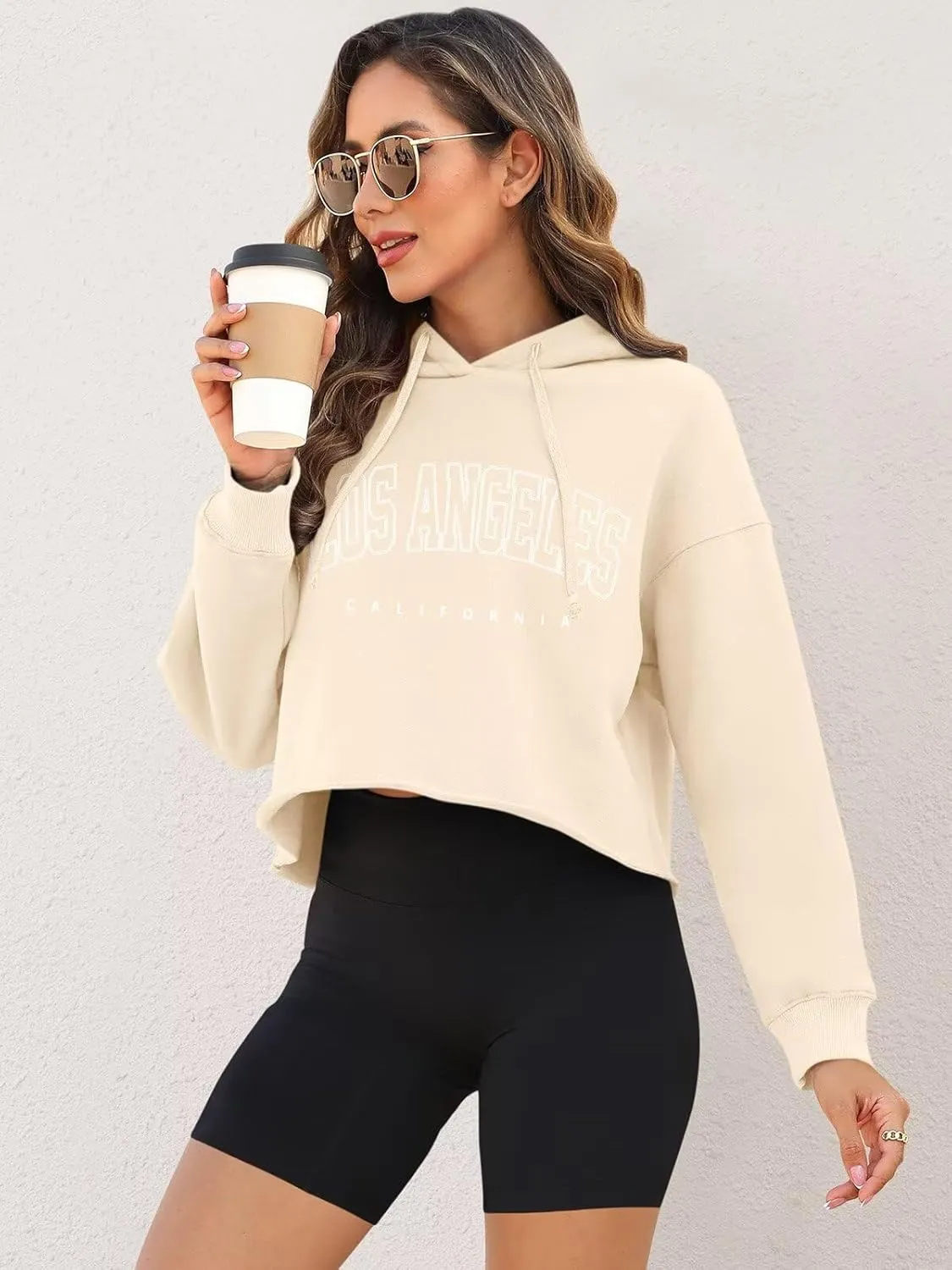 ORANDESIGNE Woman Letter Graphic Print Cropped Hoodie Long Sleeve Crop Fleece Casual Workout Loose Pullover Sweatshirt Tops