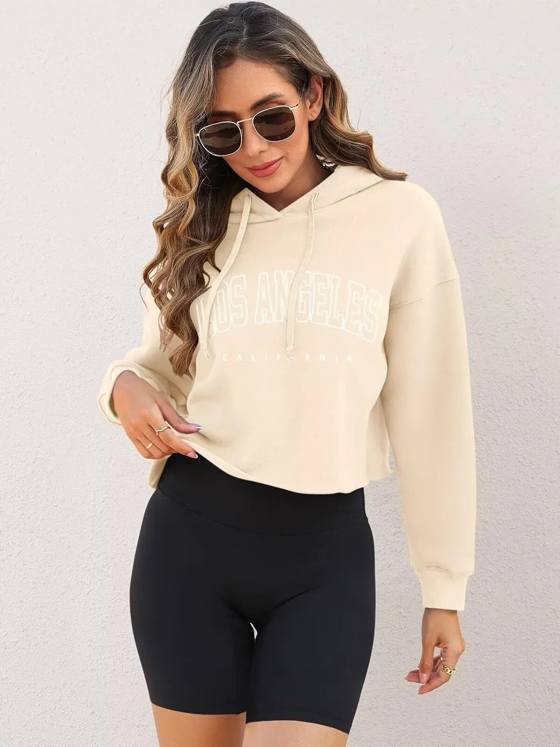 ORANDESIGNE Woman Letter Graphic Print Cropped Hoodie Long Sleeve Crop Fleece Casual Workout Loose Pullover Sweatshirt Tops