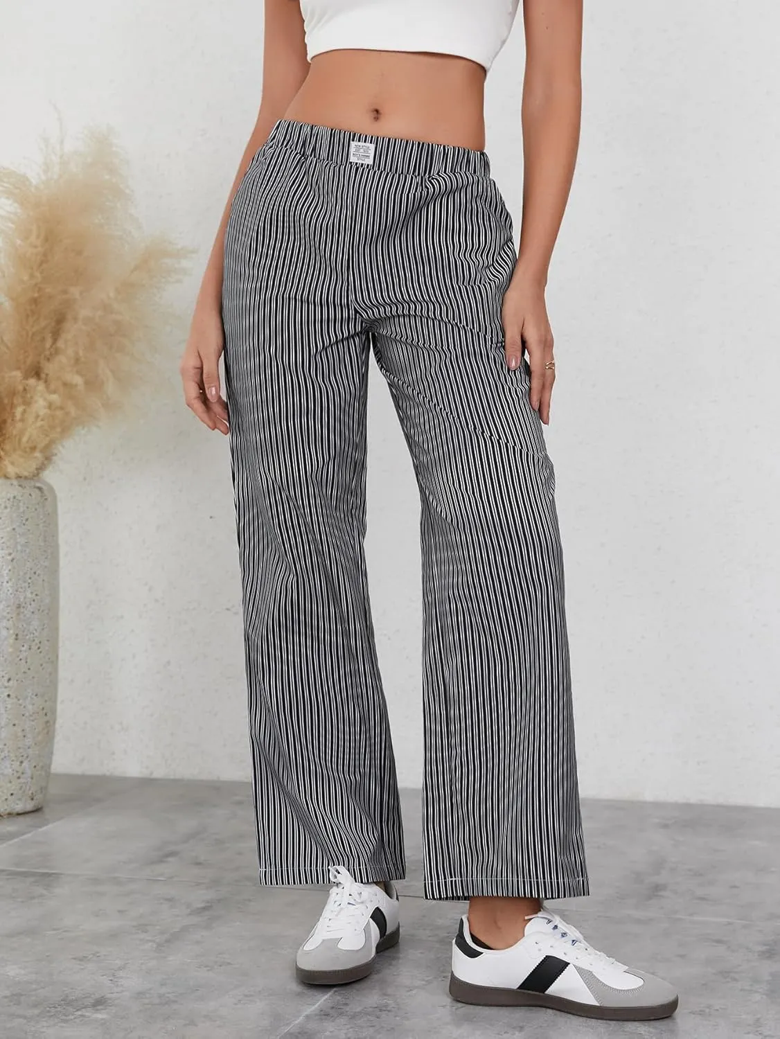 OYOANGLE Women's Straight Wide Leg Trousers Striped Print Letter Patched Detail High Waist Y2K Fashion Pants