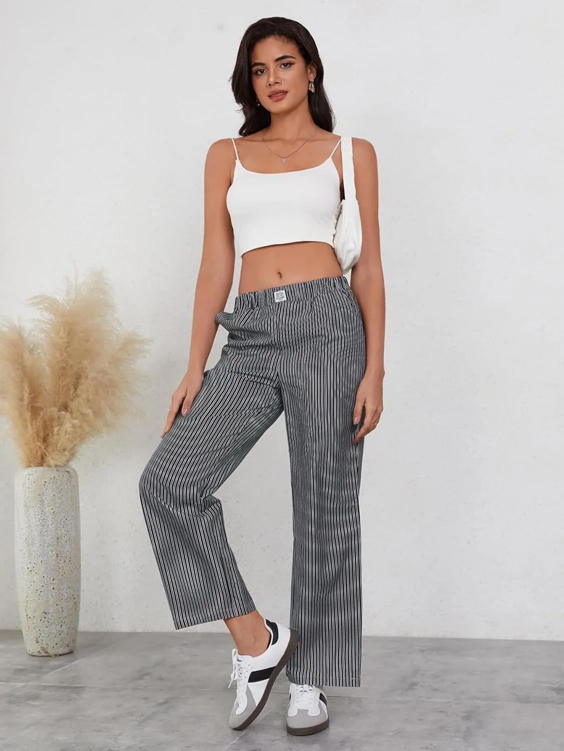 OYOANGLE Women's Straight Wide Leg Trousers Striped Print Letter Patched Detail High Waist Y2K Fashion Pants