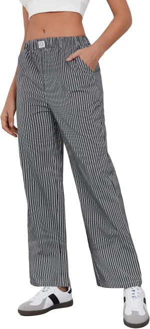 OYOANGLE Women's Straight Wide Leg Trousers Striped Print Letter Patched Detail High Waist Y2K Fashion Pants