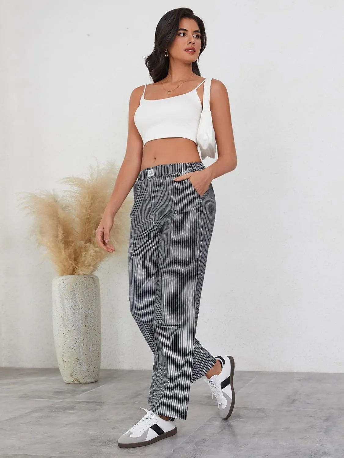 OYOANGLE Women's Straight Wide Leg Trousers Striped Print Letter Patched Detail High Waist Y2K Fashion Pants