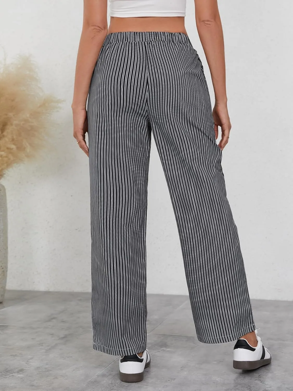 OYOANGLE Women's Straight Wide Leg Trousers Striped Print Letter Patched Detail High Waist Y2K Fashion Pants