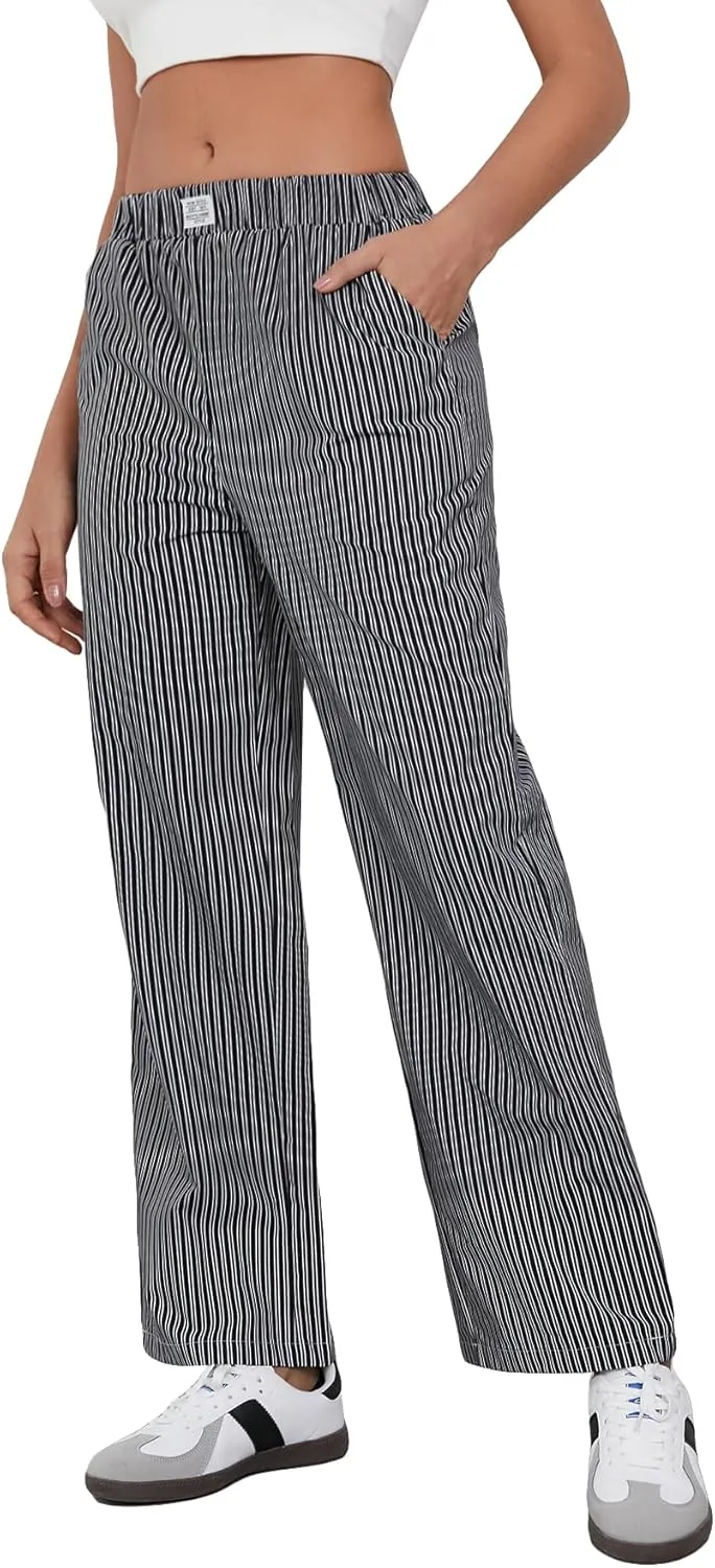OYOANGLE Women's Straight Wide Leg Trousers Striped Print Letter Patched Detail High Waist Y2K Fashion Pants