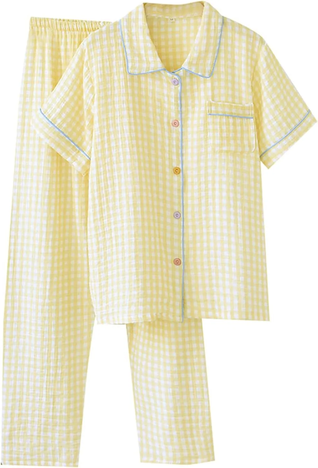 Pajamas for women Set Plaid Cotton Gauze Short Sleeve Tops and Pants Loungwear Pjs Gingham Lounge Set