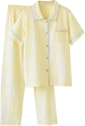 Pajamas for women Set Plaid Cotton Gauze Short Sleeve Tops and Pants Loungwear Pjs Gingham Lounge Set