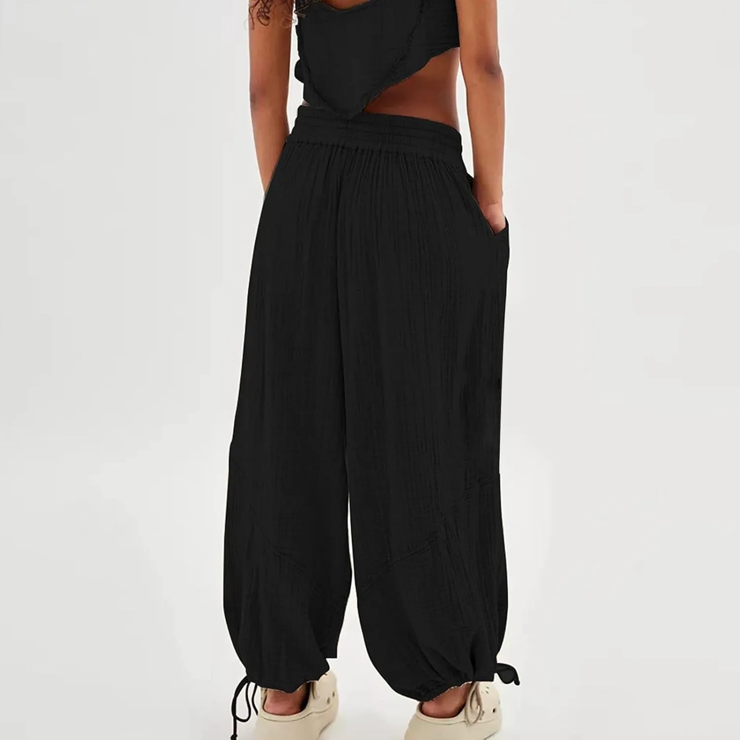 Pants for Women Elastic Waist Straight Leg Baggy Beach Trousers Casual High Waist Drawstring Sweatpants with Pockets