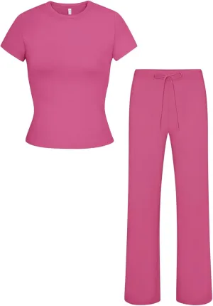 REORIA Women's 2 Piece Lounge Sets Short Sleeve Basic Tops Straight Leg Pants Comfy Casual Outfits Tracksuits