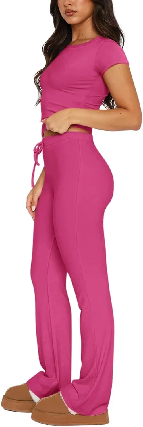 REORIA Women's 2 Piece Lounge Sets Short Sleeve Basic Tops Straight Leg Pants Comfy Casual Outfits Tracksuits