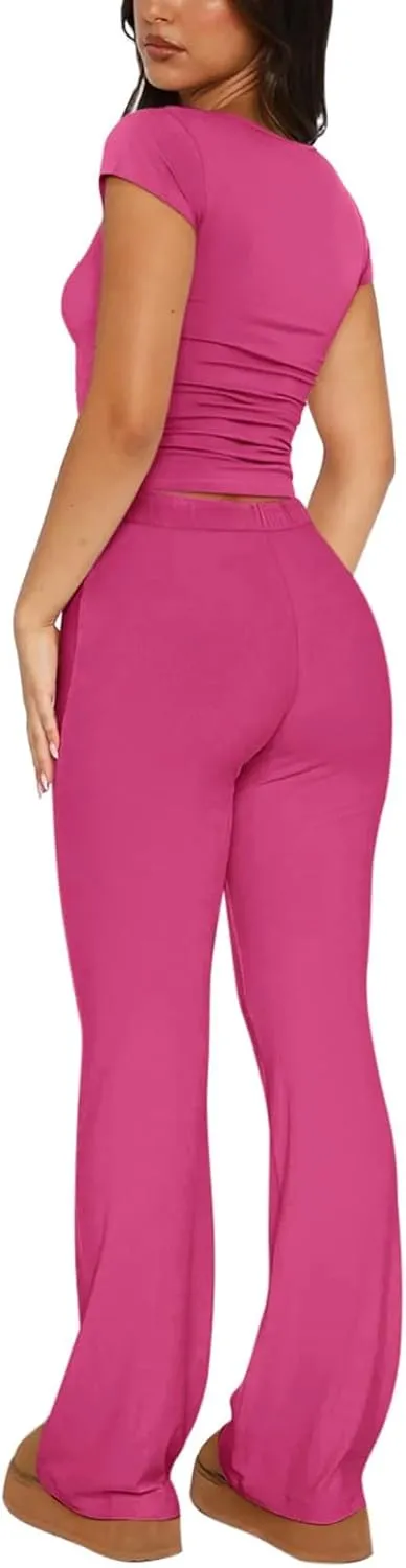 REORIA Women's 2 Piece Lounge Sets Short Sleeve Basic Tops Straight Leg Pants Comfy Casual Outfits Tracksuits