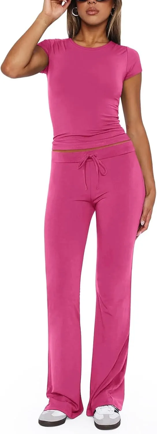 REORIA Women's 2 Piece Lounge Sets Short Sleeve Basic Tops Straight Leg Pants Comfy Casual Outfits Tracksuits
