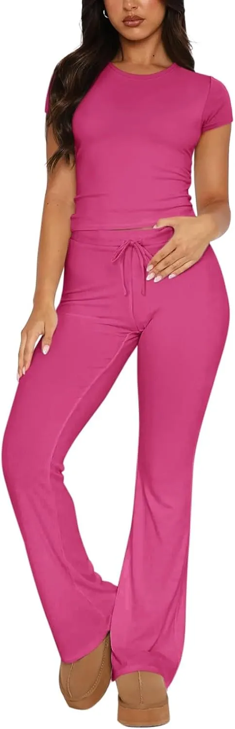 REORIA Women's 2 Piece Lounge Sets Short Sleeve Basic Tops Straight Leg Pants Comfy Casual Outfits Tracksuits