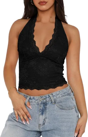 REORIA Womens Sexy V Neck Lace Halter Backless Going Out Double Lined Y2K Trendy Cropped Tank Tops