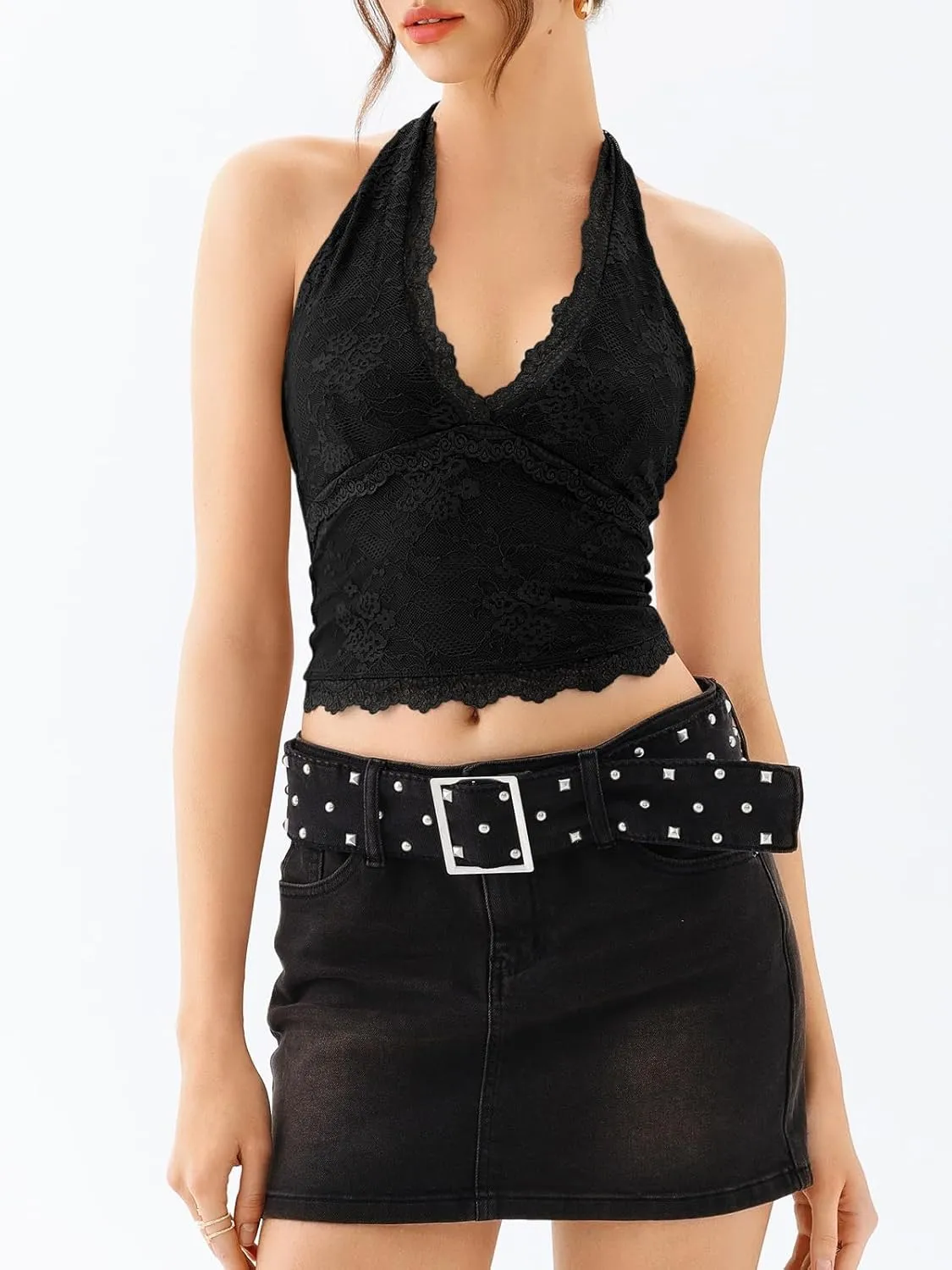 REORIA Womens Sexy V Neck Lace Halter Backless Going Out Double Lined Y2K Trendy Cropped Tank Tops