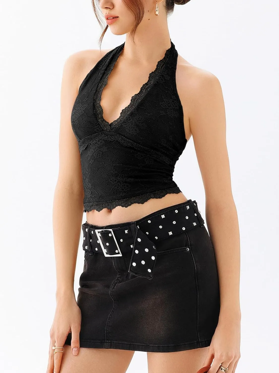REORIA Womens Sexy V Neck Lace Halter Backless Going Out Double Lined Y2K Trendy Cropped Tank Tops