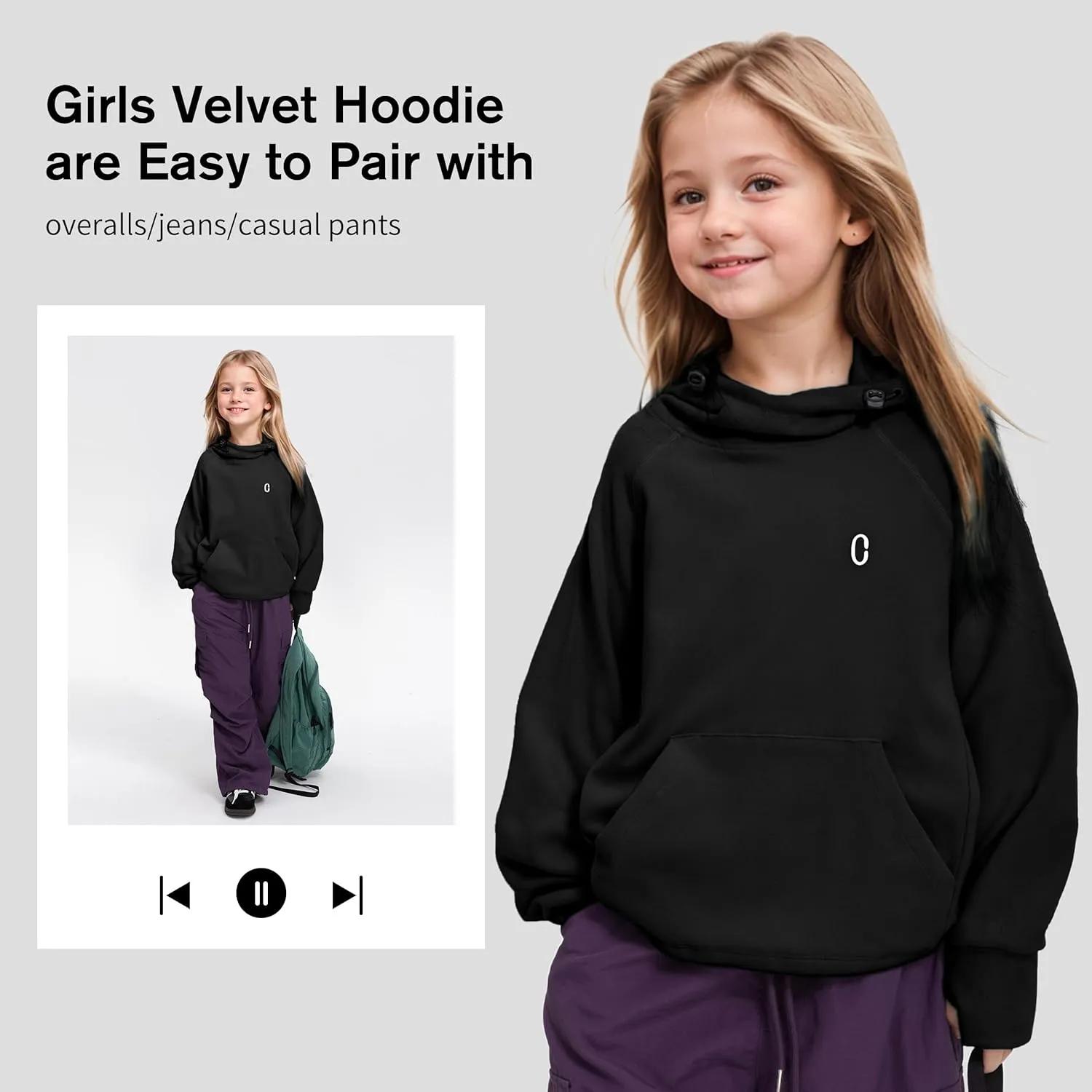 Rolanko Girls Hoodies Fleece Sweatshirts Long Sleeve Cozy lightweight Pullover Tops with Pocket Kids Warm Velvet Outwear