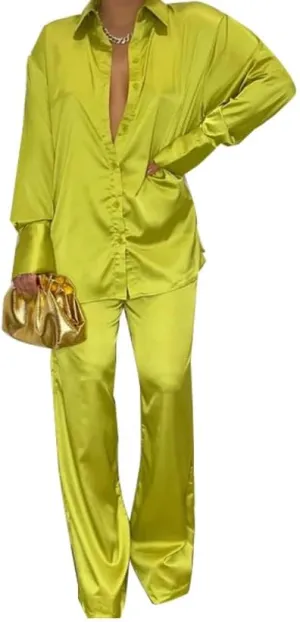 Satin Two Piece Outfits for Women Long Sleeve Lapel Button Down Tops Wide Leg Pants Pajama Set