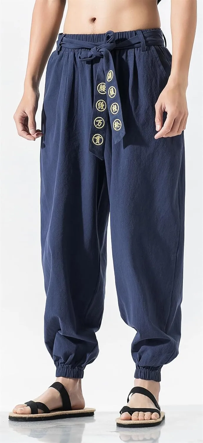 Seidarise Men's Linen Cargo Jogger Pant Japanese Hip Hop Sweatpants Harem Pants Sports