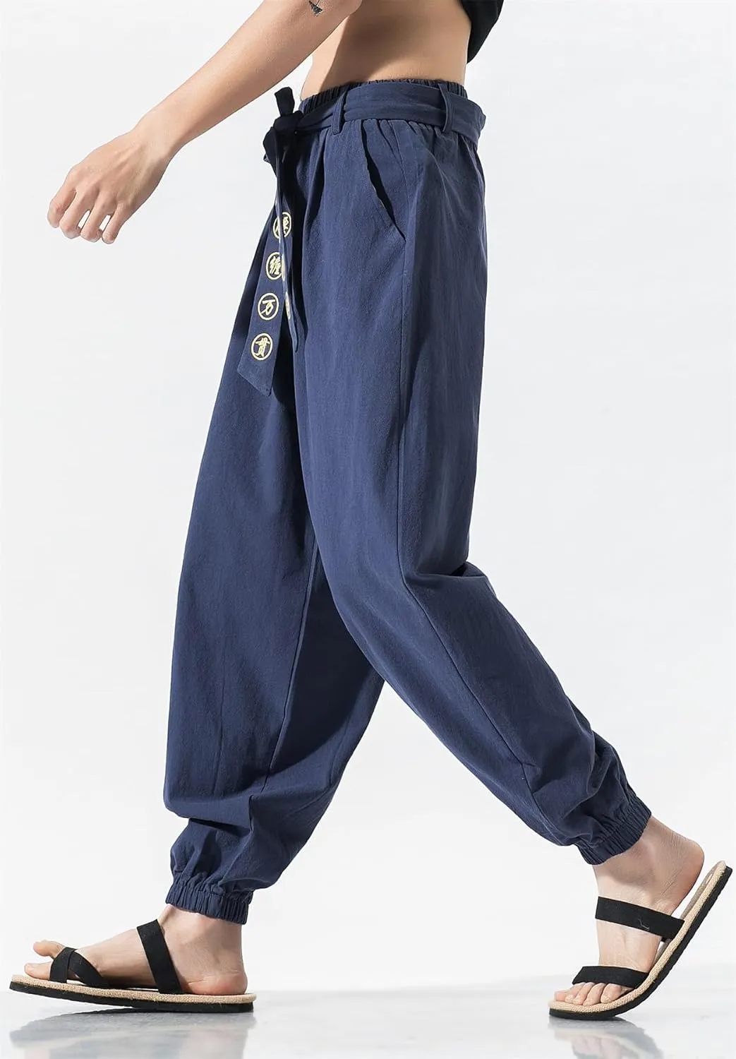 Seidarise Men's Linen Cargo Jogger Pant Japanese Hip Hop Sweatpants Harem Pants Sports