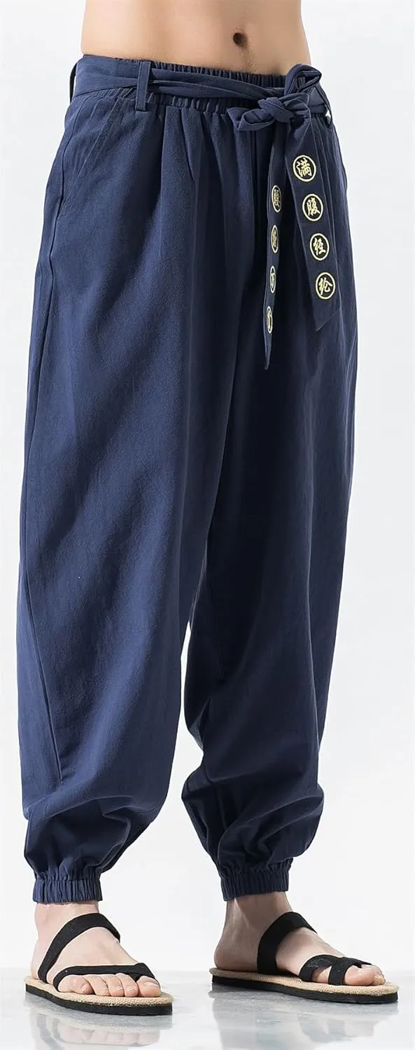 Seidarise Men's Linen Cargo Jogger Pant Japanese Hip Hop Sweatpants Harem Pants Sports