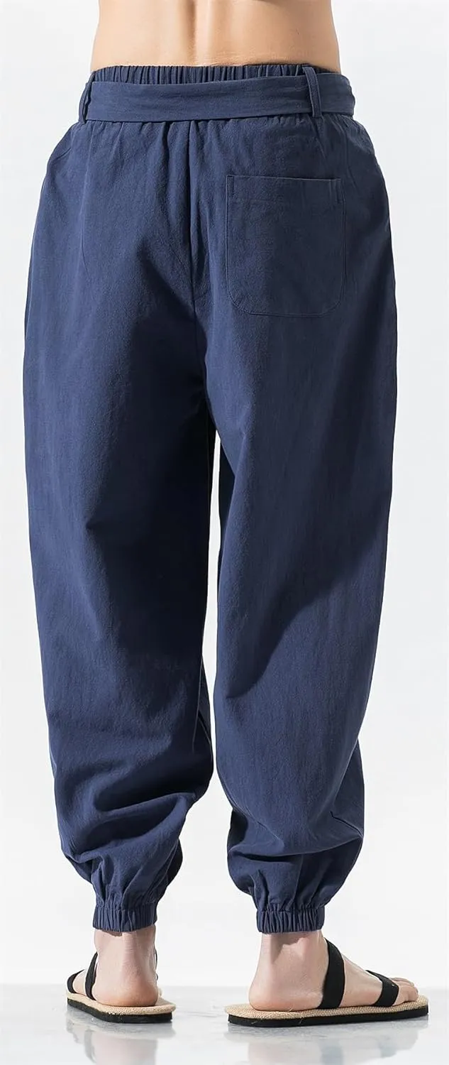 Seidarise Men's Linen Cargo Jogger Pant Japanese Hip Hop Sweatpants Harem Pants Sports