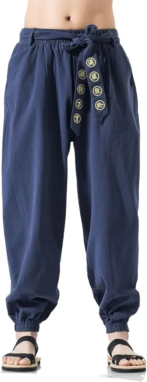 Seidarise Men's Linen Cargo Jogger Pant Japanese Hip Hop Sweatpants Harem Pants Sports