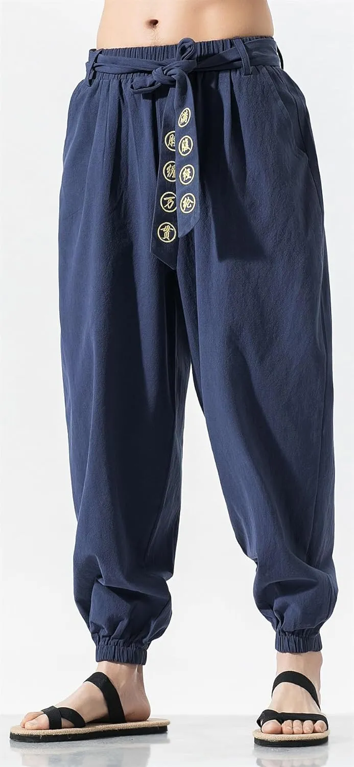 Seidarise Men's Linen Cargo Jogger Pant Japanese Hip Hop Sweatpants Harem Pants Sports