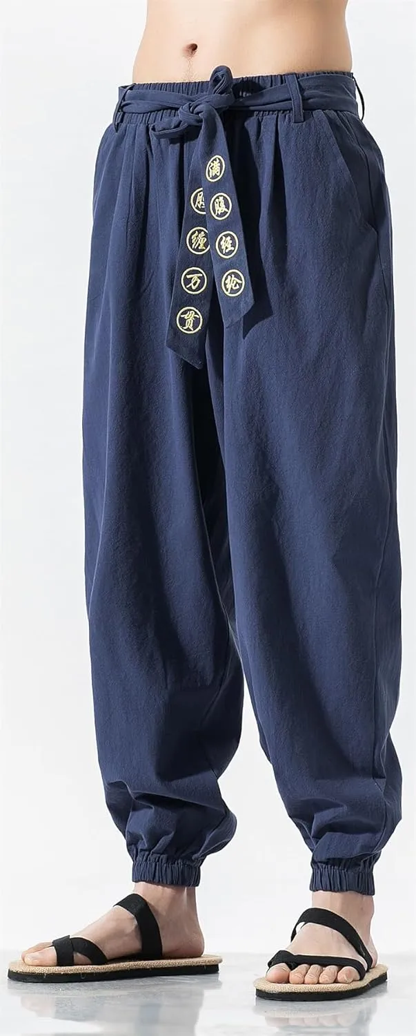 Seidarise Men's Linen Cargo Jogger Pant Japanese Hip Hop Sweatpants Harem Pants Sports